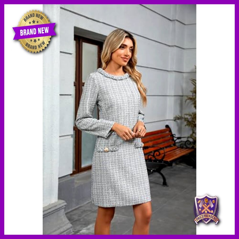 Long Sleeve Tweed Mini Dress Elegant Business Casual Party Wear A-Line - Picture 5 of 7